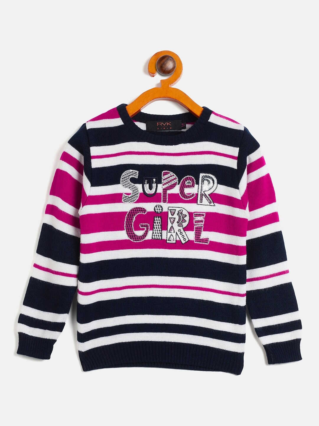 

RVK Girls Striped Acrylic Pullover, Navy blue