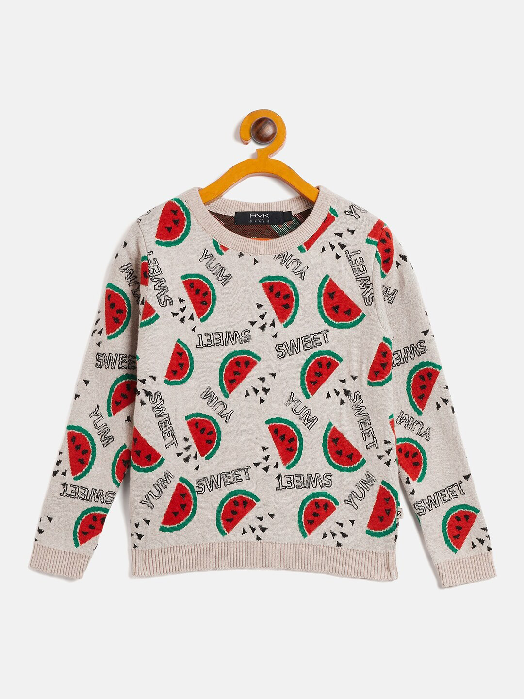 

RVK Girls Conversational Printed Cotton Pullover, Beige