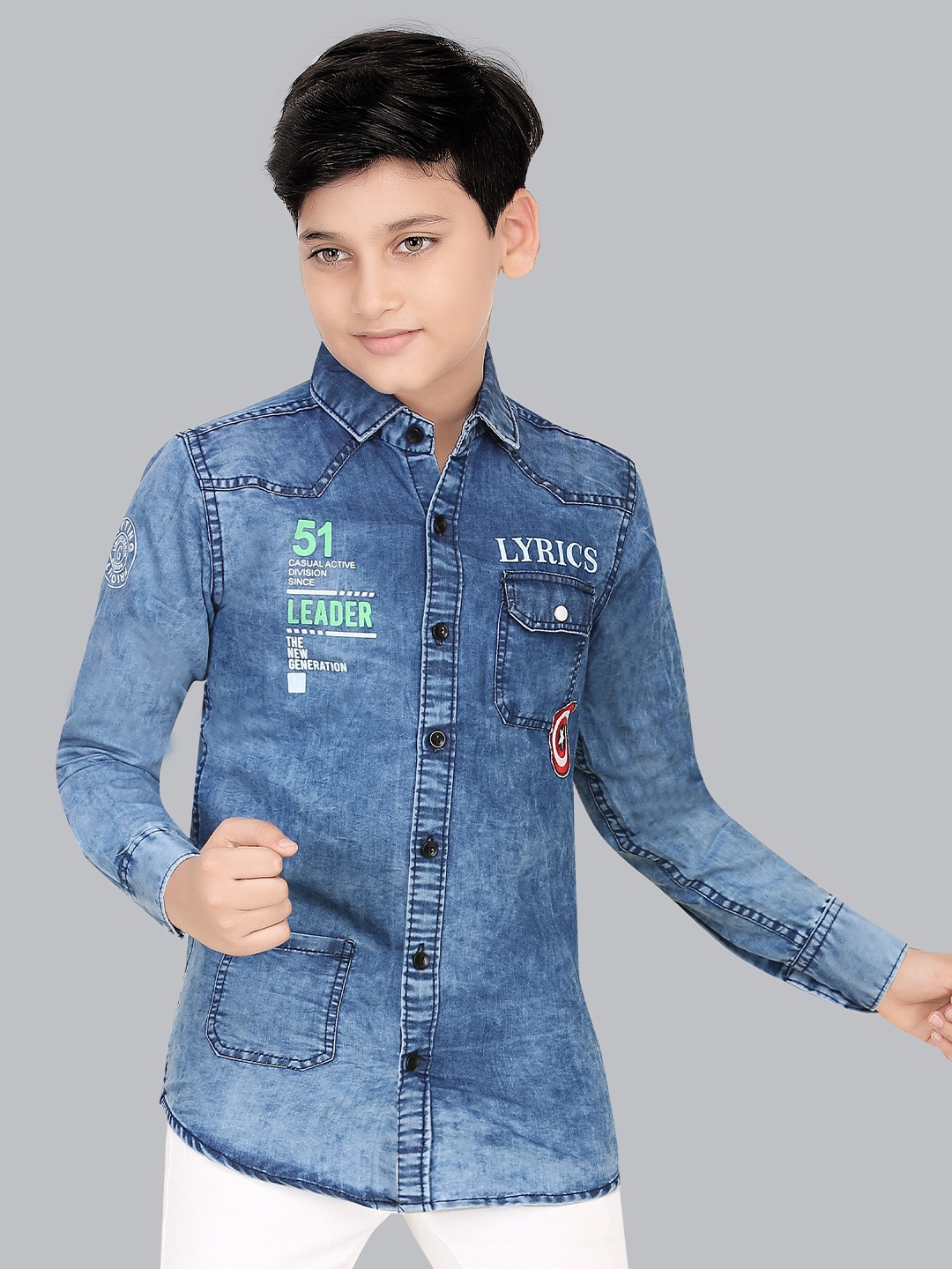 

BAESD Boys India Slim Faded Spread Collar Denim Casual Shirt, Blue