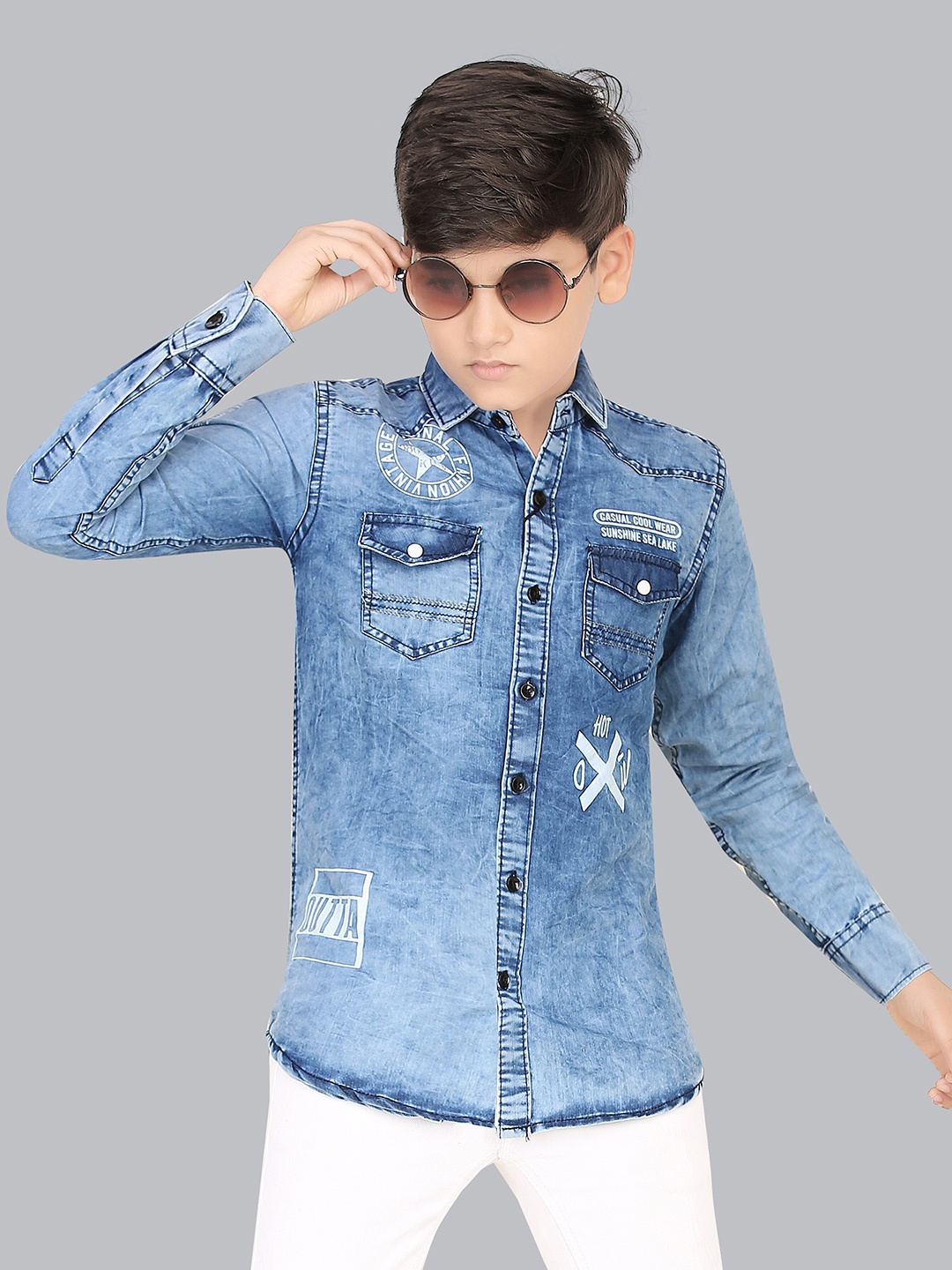 

BAESD Boys India Slim Faded Spread Collar Denim Casual Shirt, Blue