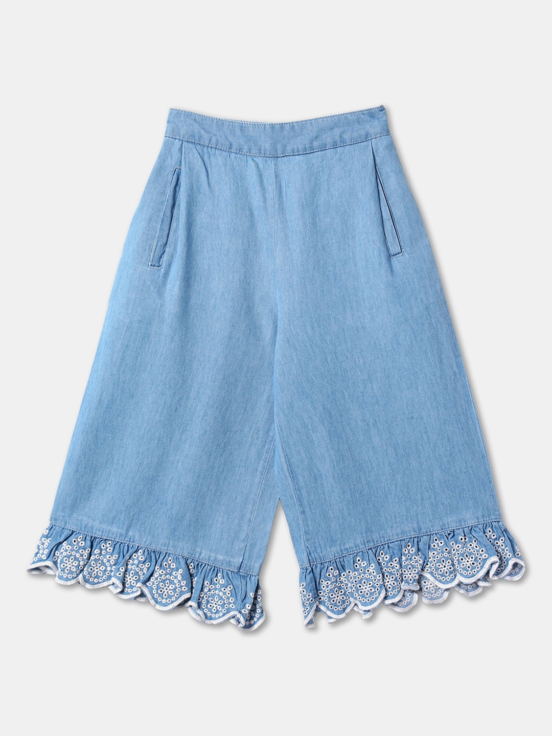 

R&B Girls Flared Embroidered Cotton Jeans, Blue