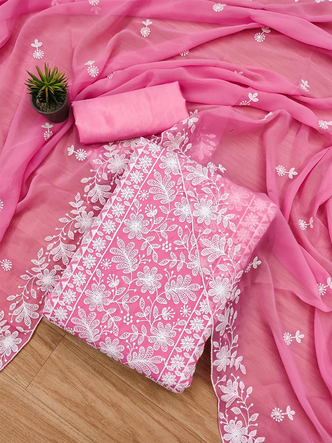 

Panzora Floral Embroidered Unstitched Dress Material, Pink