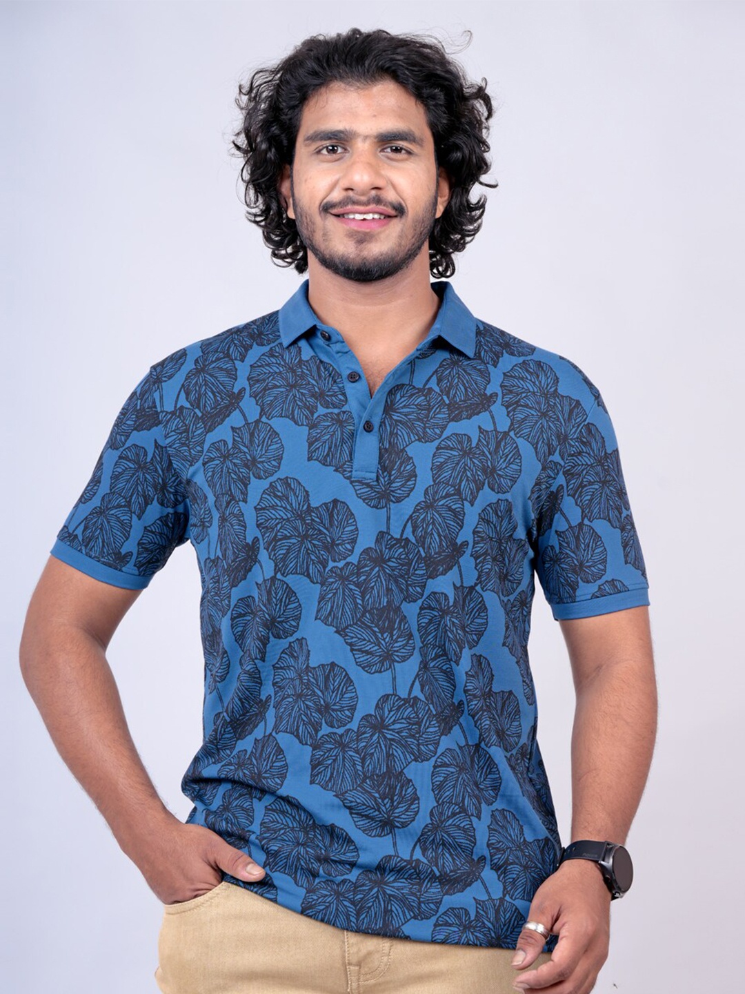 

Pontiac Floral Printed Polo Collar Cotton T-shirt, Blue