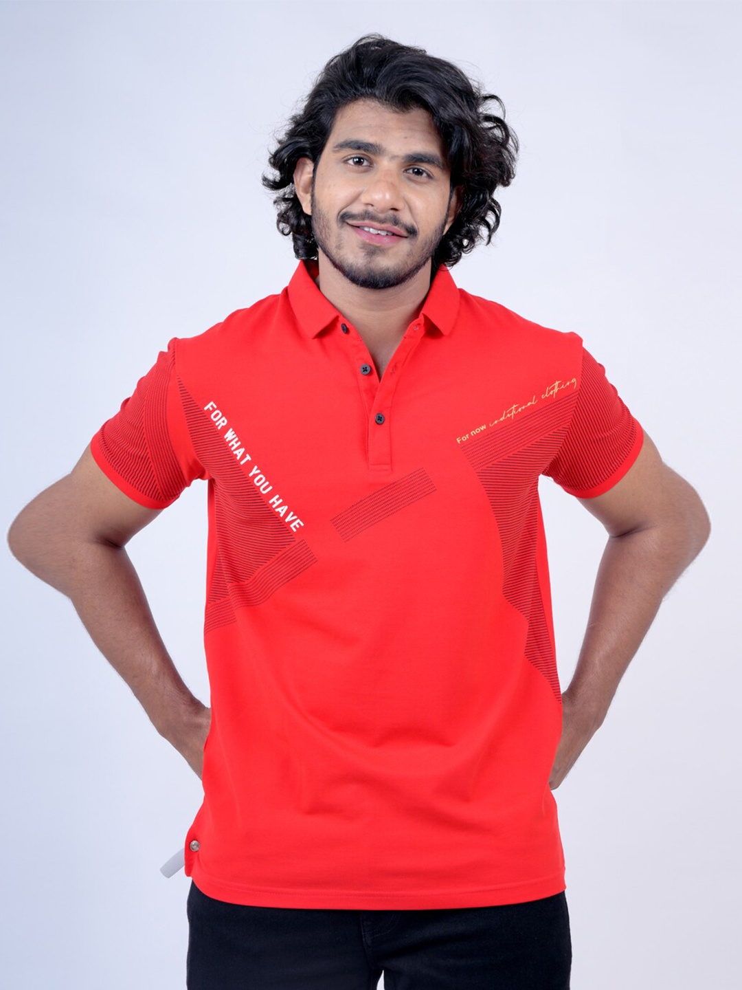 

Pontiac Geometric Printed Polo Collar Cotton T-shirt, Red