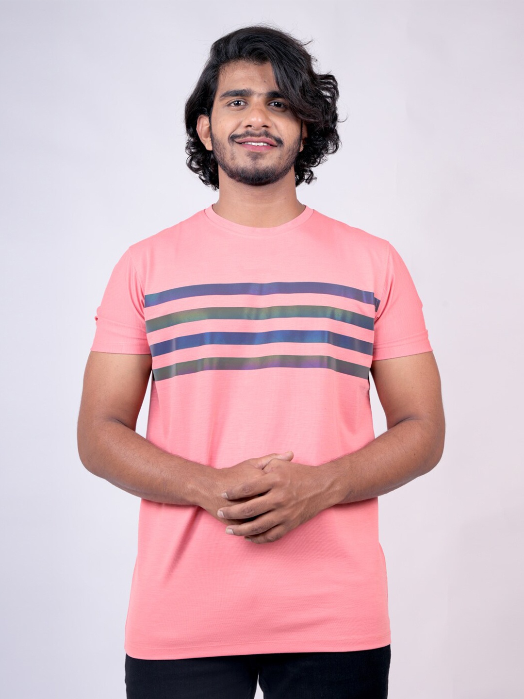 

Pontiac Striped Round Neck Cotton T-shirt, Peach