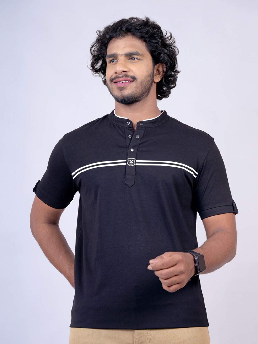 

Pontiac Striped Mandarin Collar Polo Collar Cotton T-shirt, Black