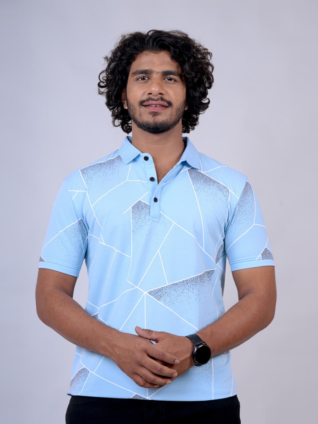 

Pontiac Geometric Printed Polo Collar Cotton T-shirt, Blue