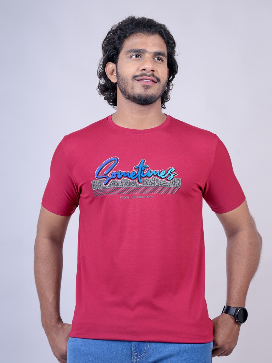 

Pontiac Typography Printed Round Neck Cotton Casual T-shirt, Red