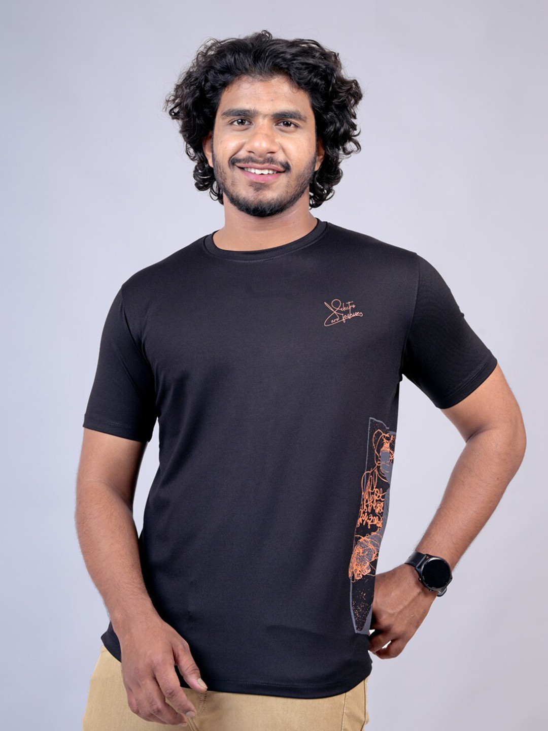 

Pontiac Abstract Printed Round Neck Cotton Casual T-shirt, Black