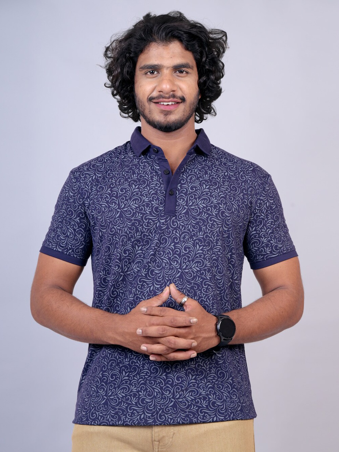 

Pontiac Floral Printed Polo Collar Cotton Casual T-shirt, Navy blue