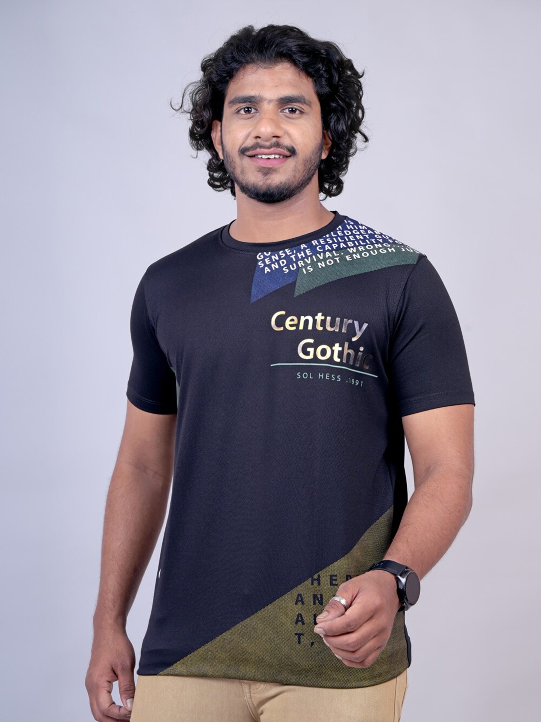 

Pontiac Typography Printed Round Neck Cotton Casual T-shirt, Black