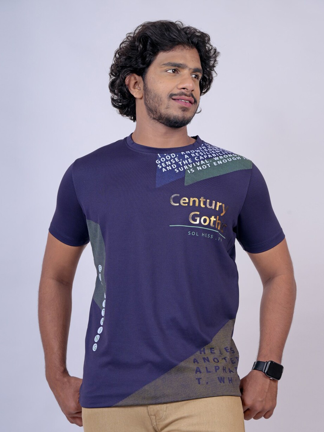 

Pontiac Typography Printed Round Neck Cotton Casual T-shirt, Navy blue