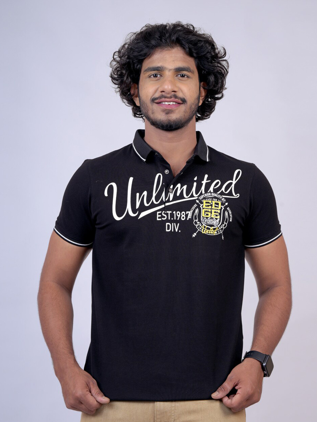 

Pontiac Typography Printed Polo Collar Cotton Casual T-shirt, Black