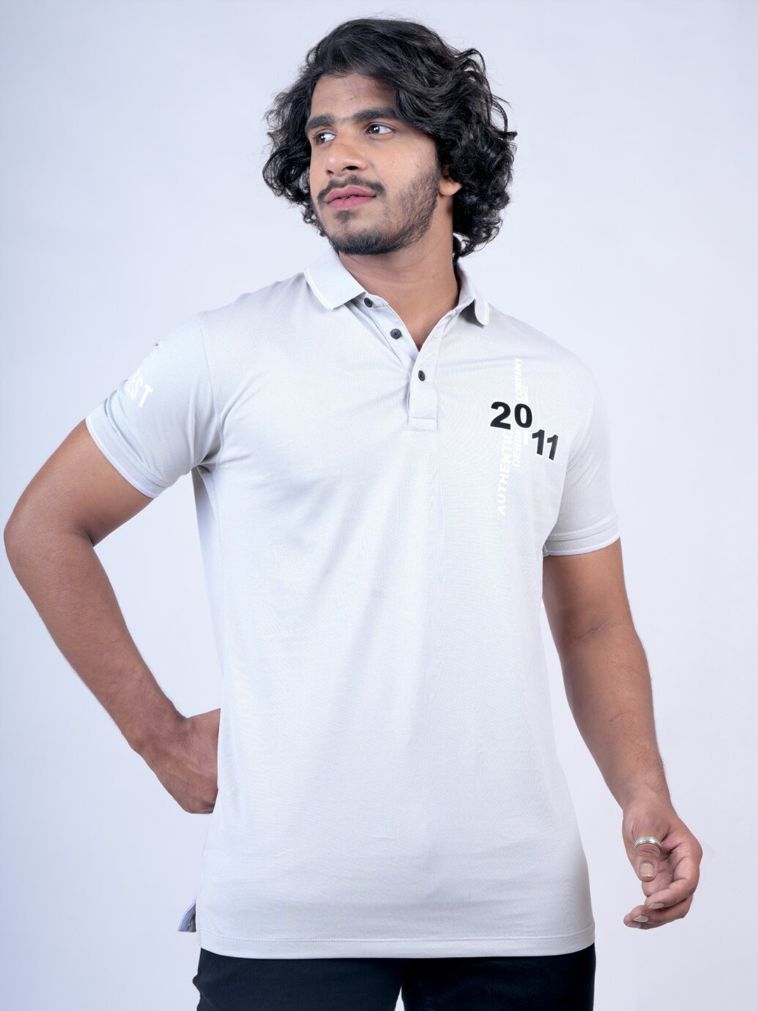 

Pontiac Typography Printed Polo Collar Cotton Casual T-shirt, Grey