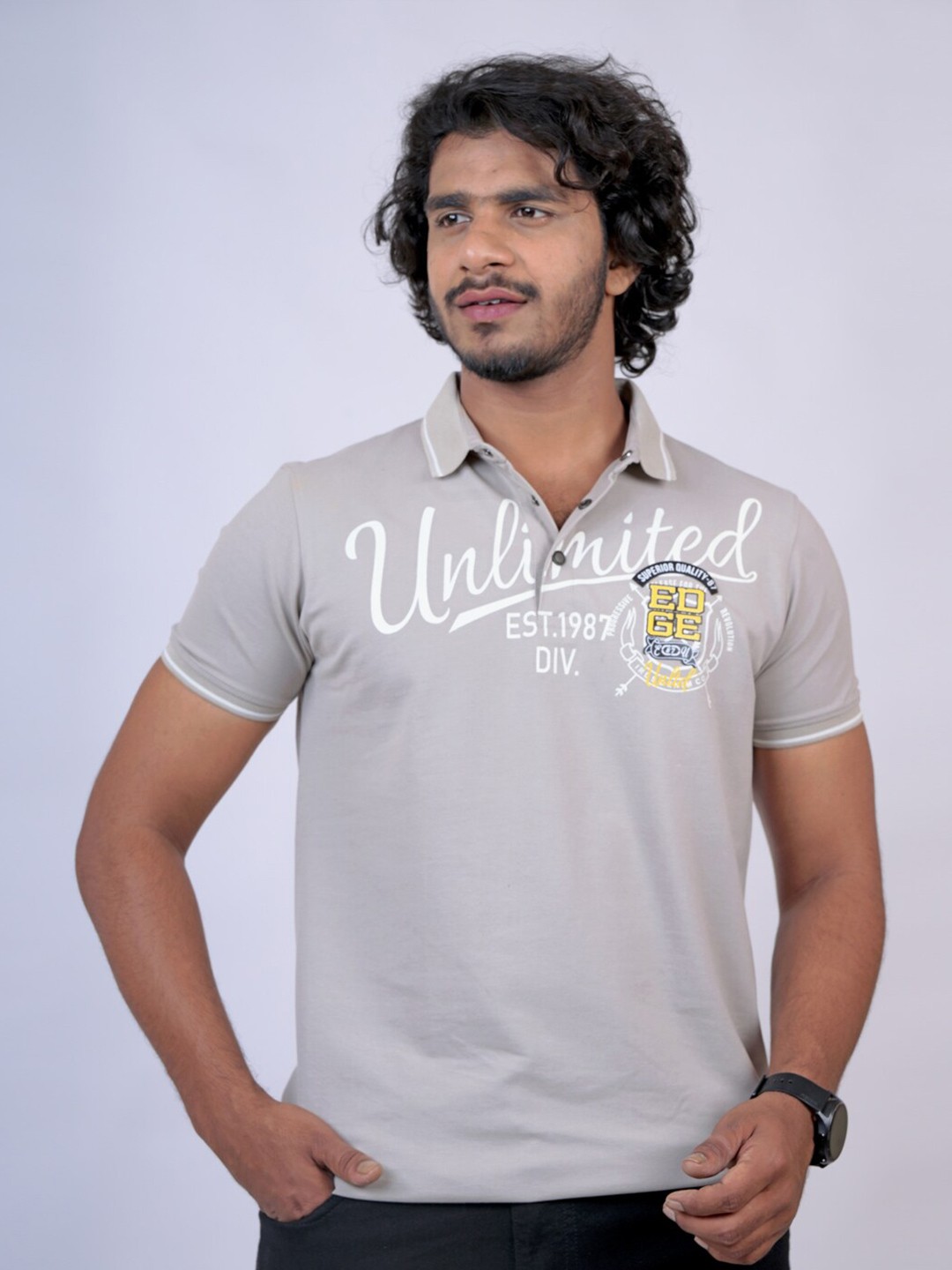 

Pontiac Typography Printed Polo Collar Cotton Casual T-shirt, Grey