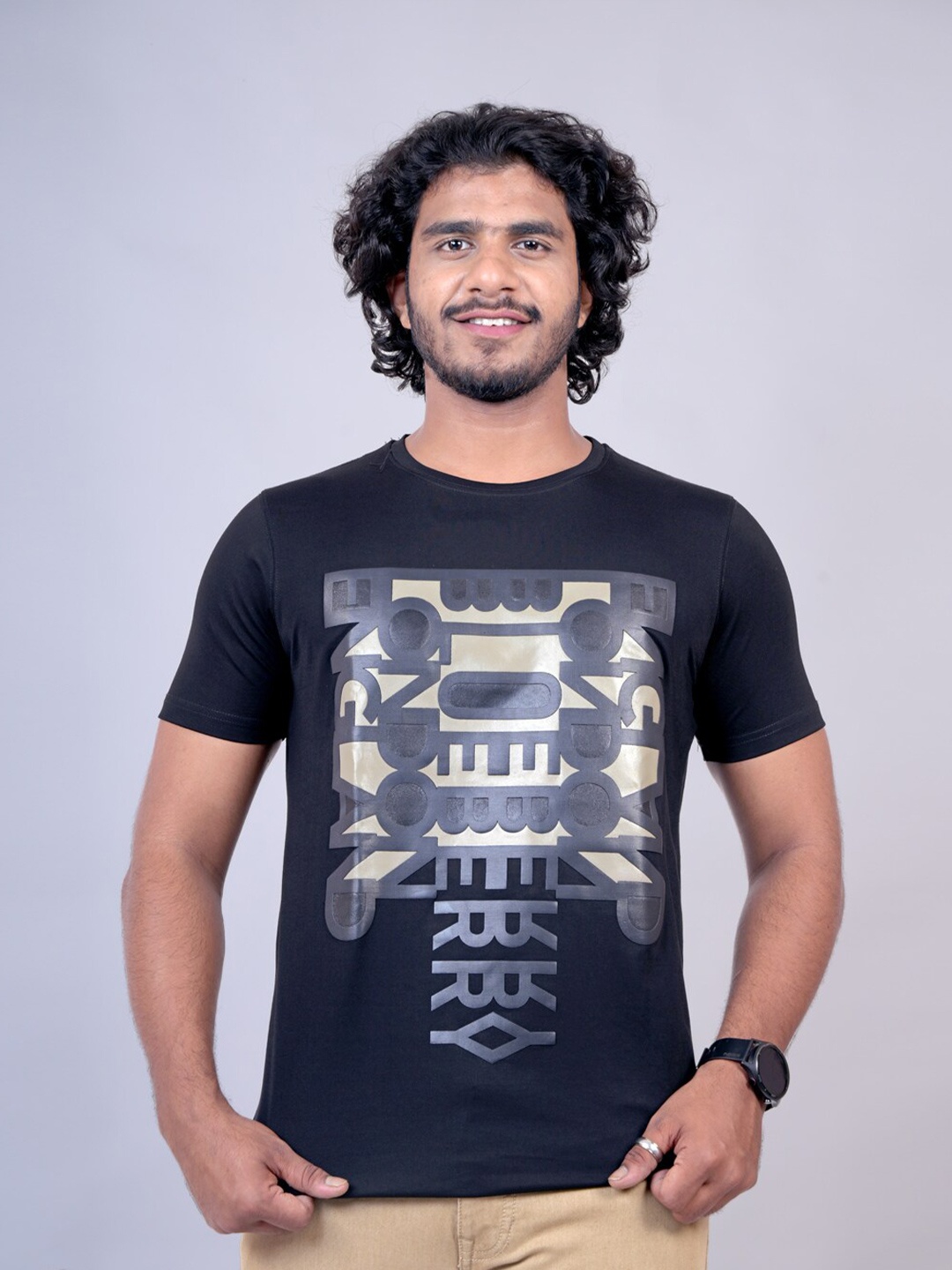 

Pontiac Typography Printed Round Neck Cotton Casual T-shirt, Black