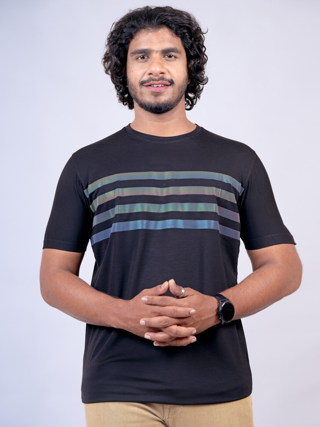 

Pontiac Striped Round Cotton Casual T-shirt, Black