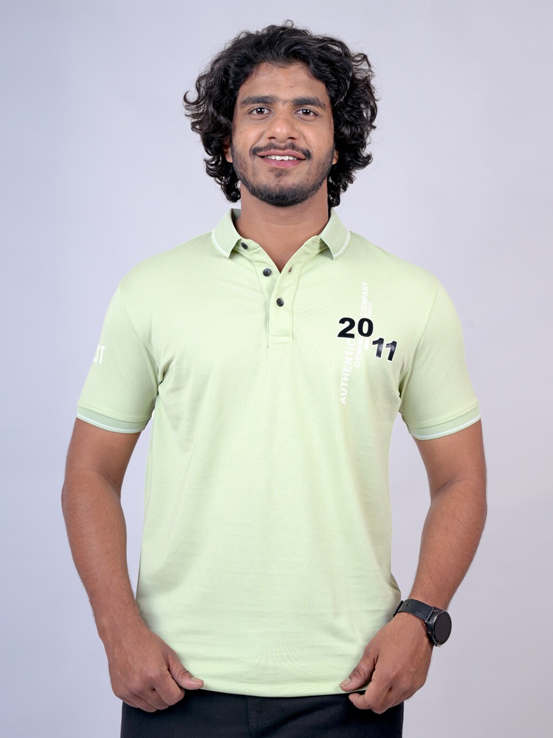 

Pontiac Typography Printed Polo Collar Cotton T-shirt, Green