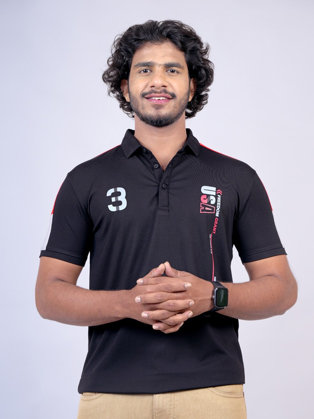 

Pontiac Typography Printed Polo Collar Cotton T-shirt, Black