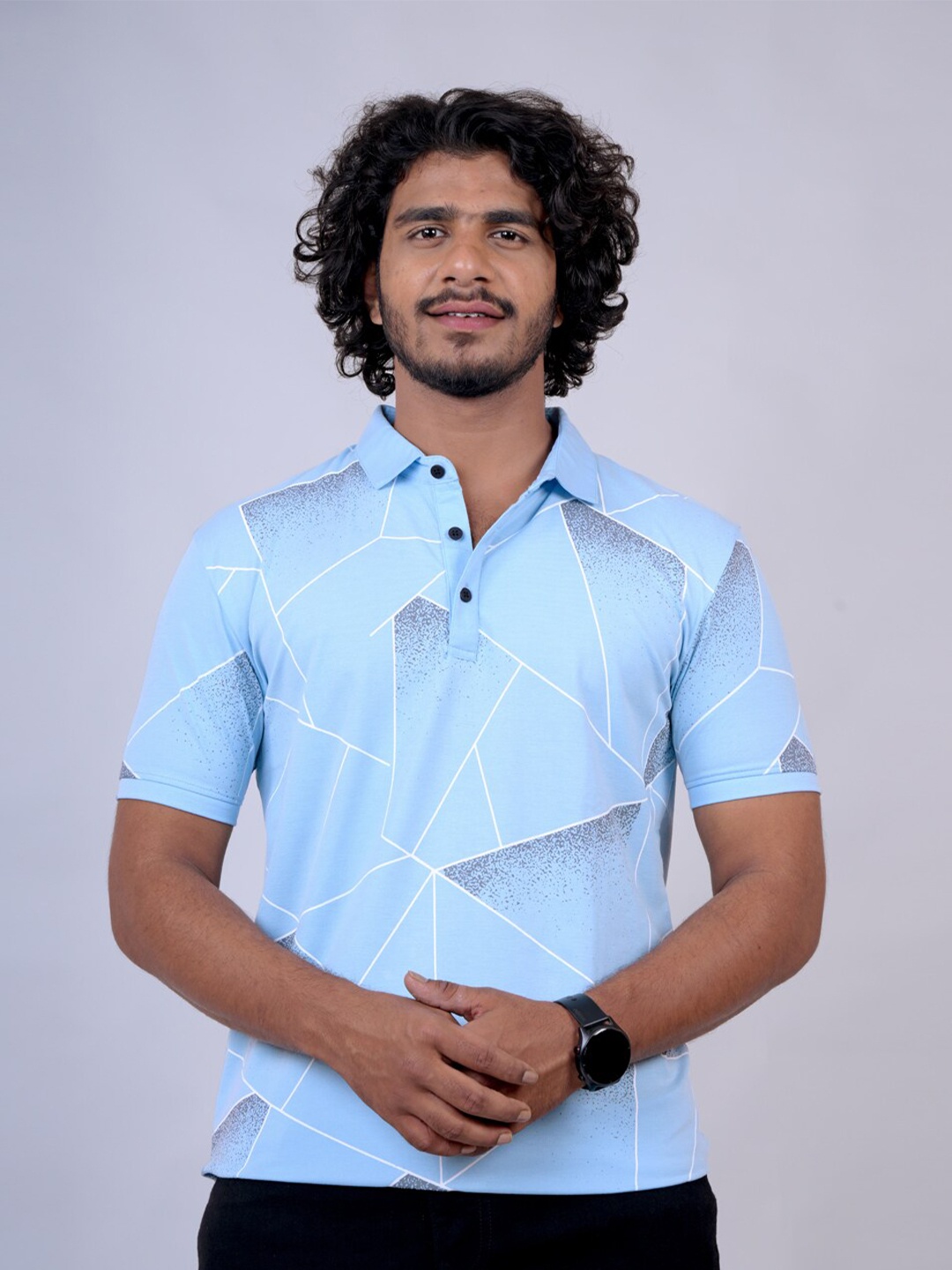 

Pontiac Geometric Printed Polo Collar Cotton T-shirt, Blue