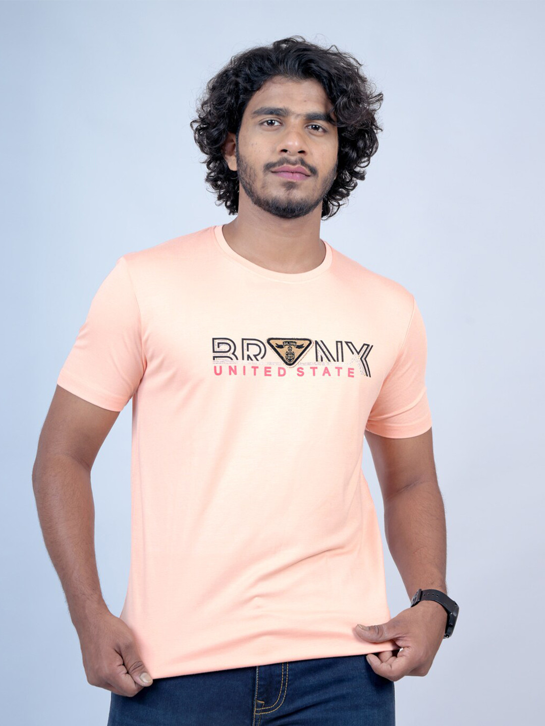 

Pontiac Typography Printed Round Neck Cotton T-shirt, Peach