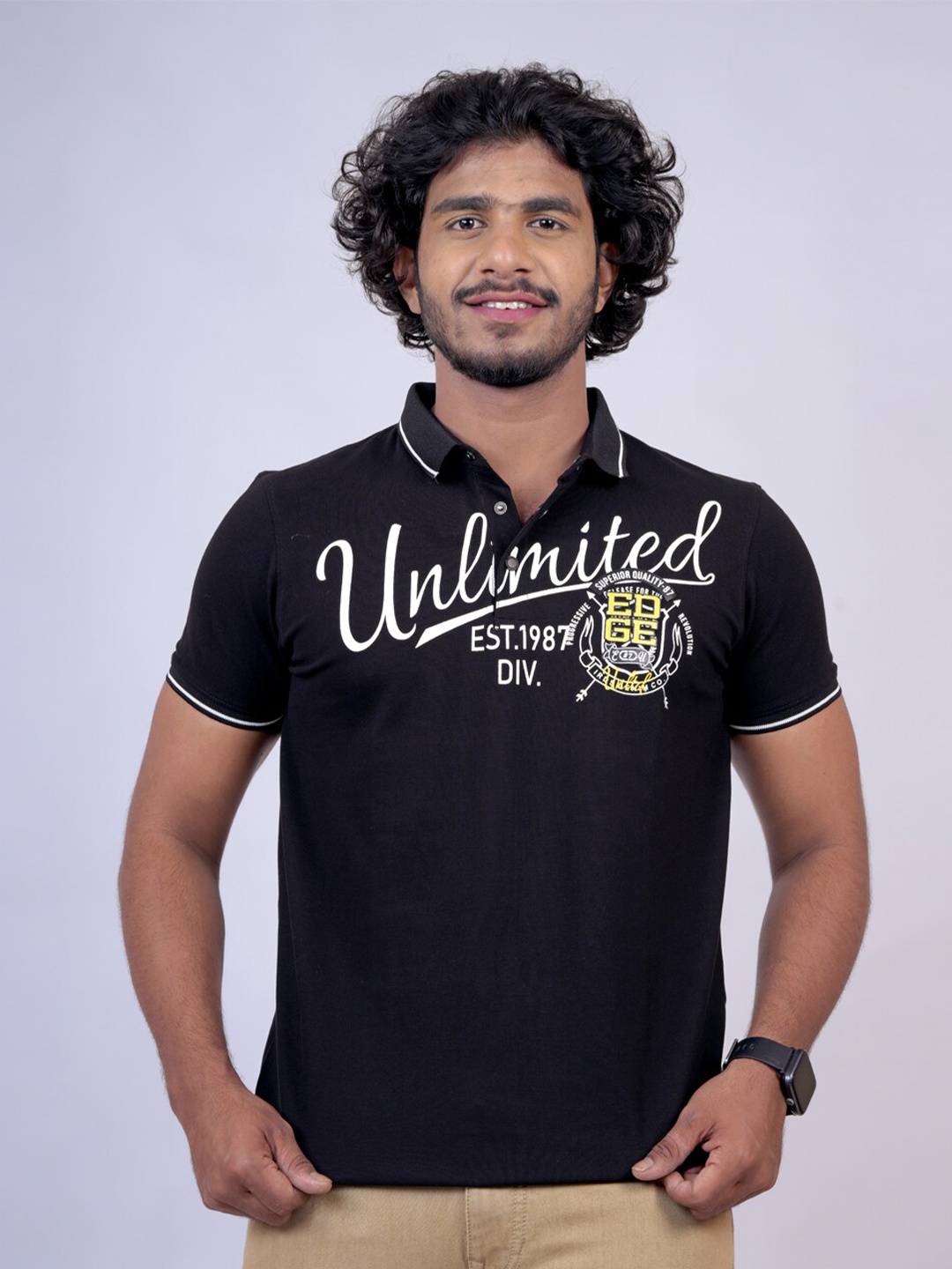 

Pontiac Typography Printed Polo Collar Cotton T-shirt, Black