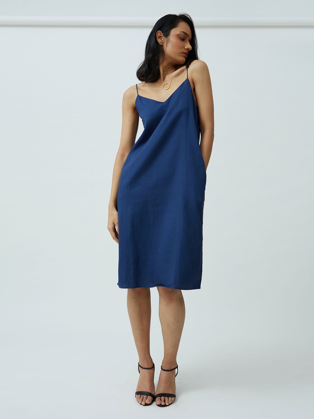 

Saltpetre Shoulder Straps Cotton Knee Length Slip Dress, Navy blue