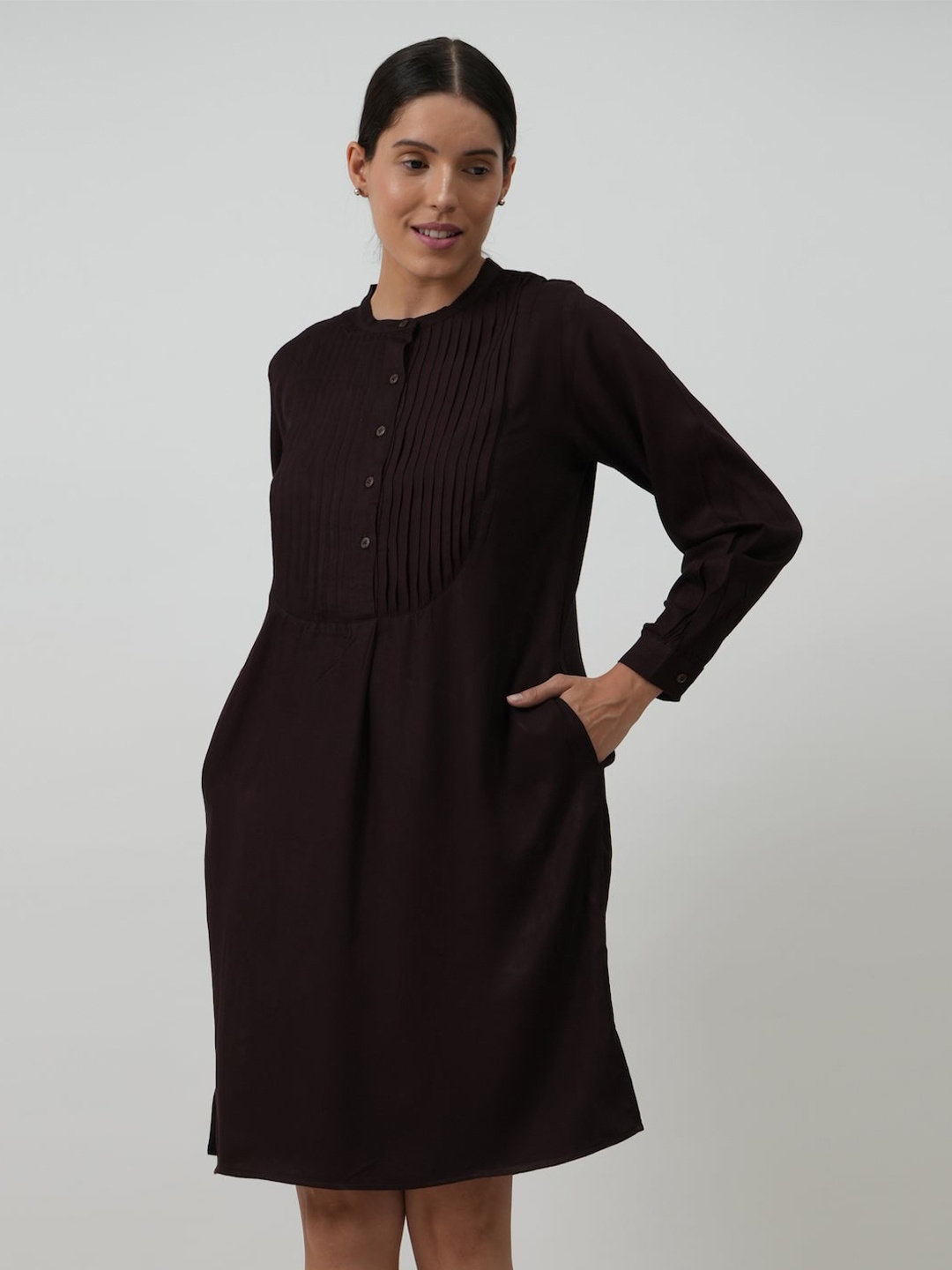 

Saltpetre Shirt Collar Knee Length Pintucked Yoke Dress, Coffee brown