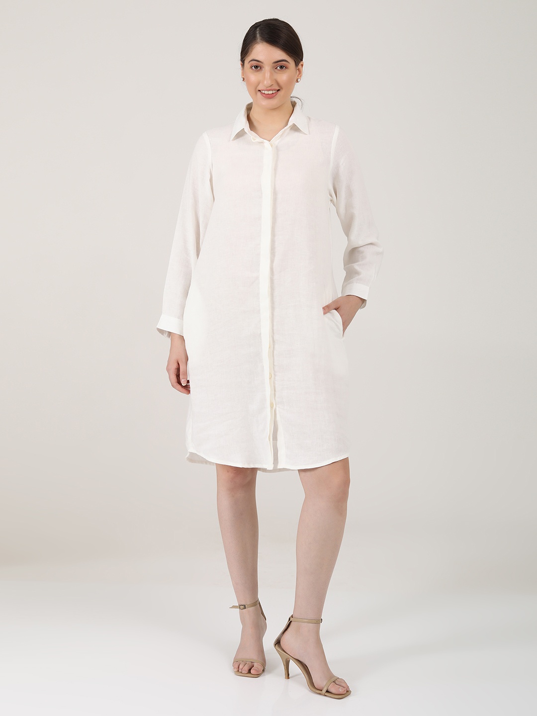 

Saltpetre Shirt Collar Long Sleeves Button Closure Tunics, Cream