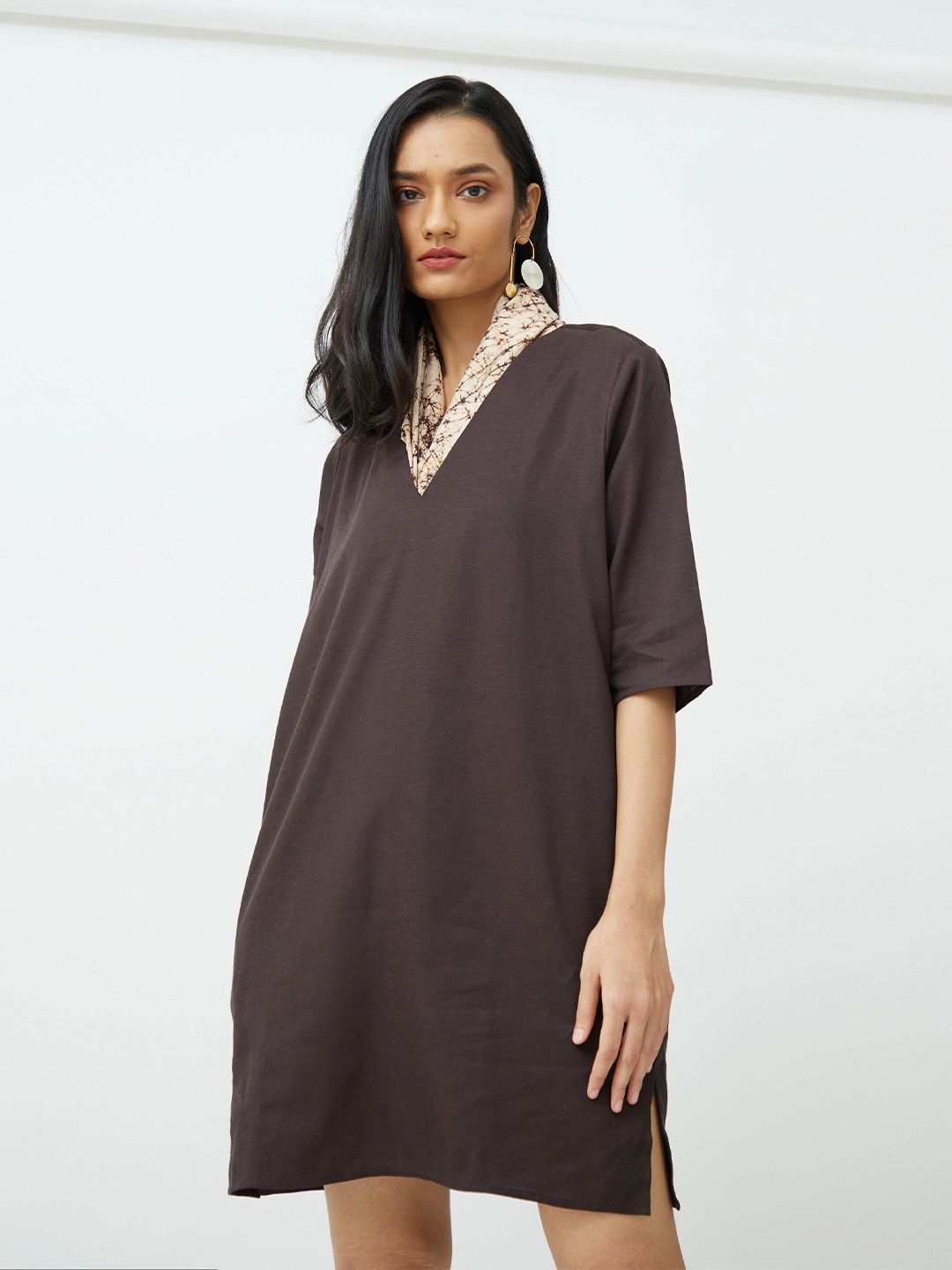 

Saltpetre V-Neck Cotton Above Knee A-Line Dress, Coffee brown