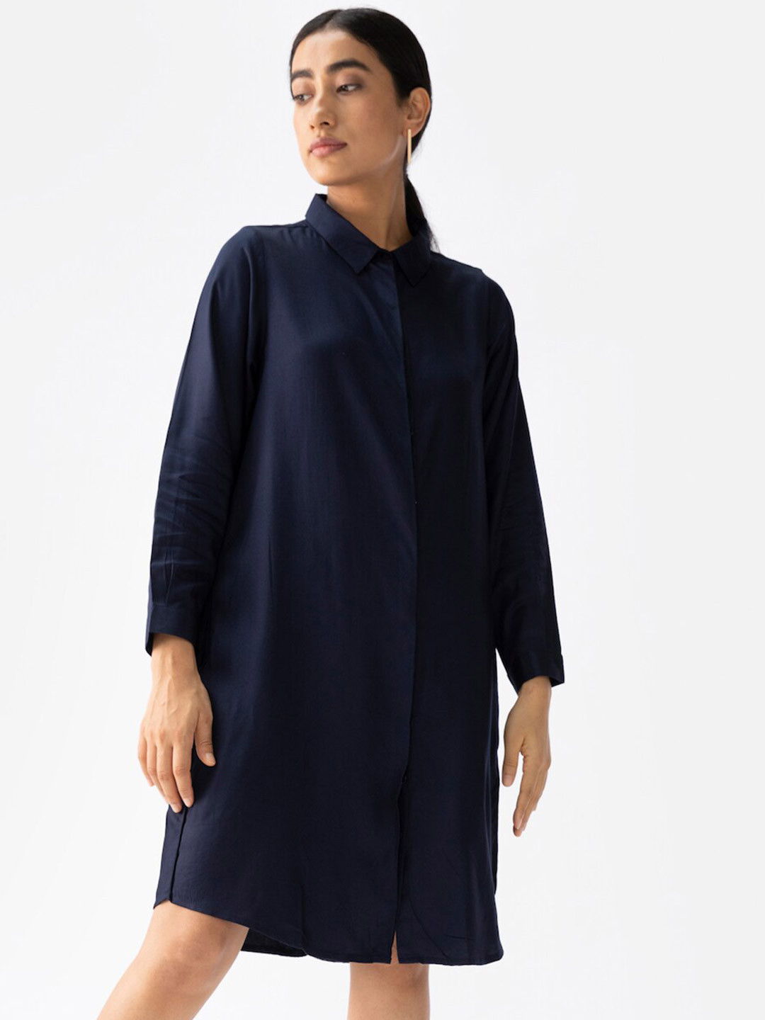 

Saltpetre Shirt Collar Cuffed Sleeves Knee Length Shirt Dress, Navy blue