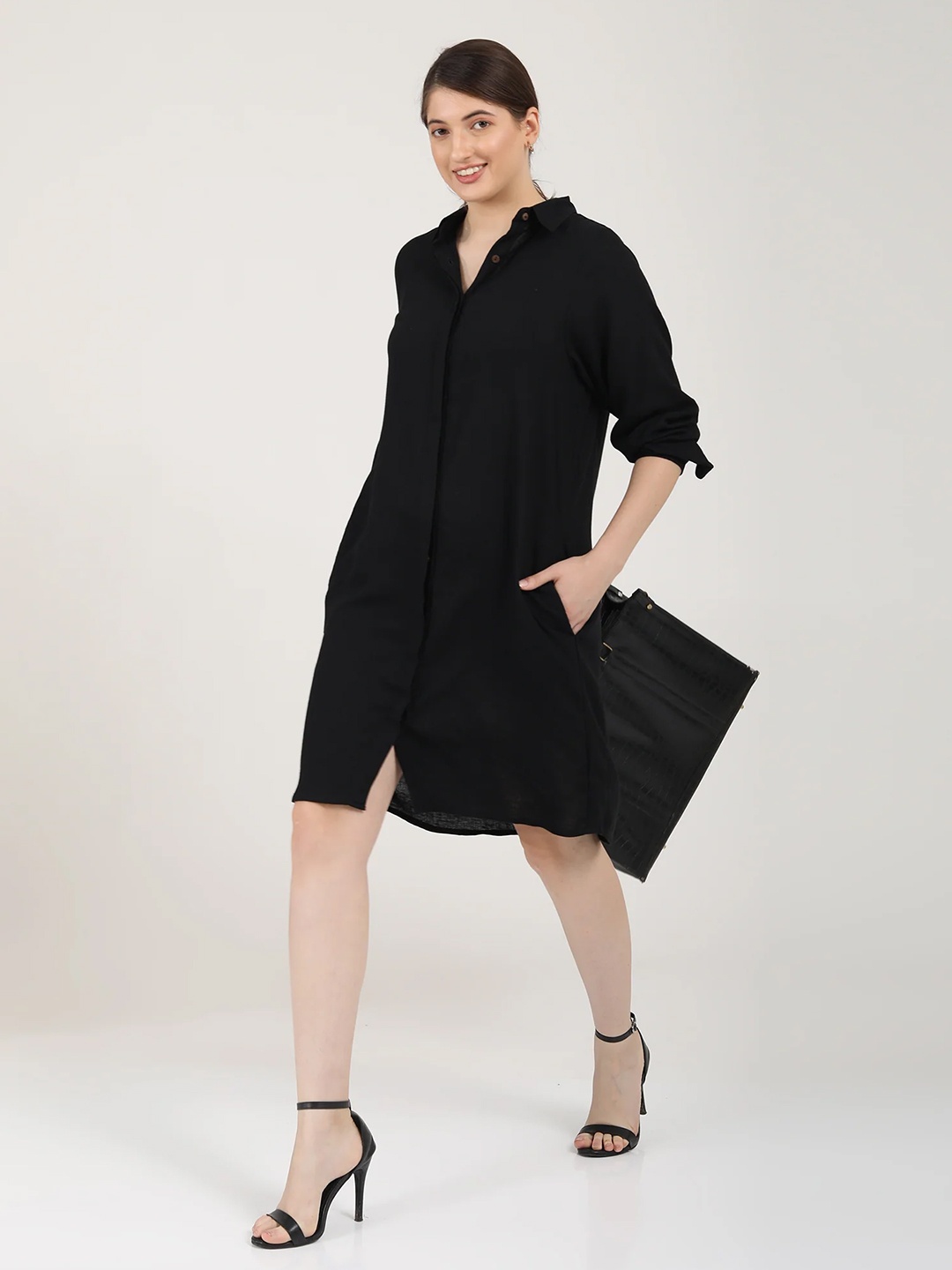 

Saltpetre Shirt Collar Long Sleeves Button Closure Tunics, Black