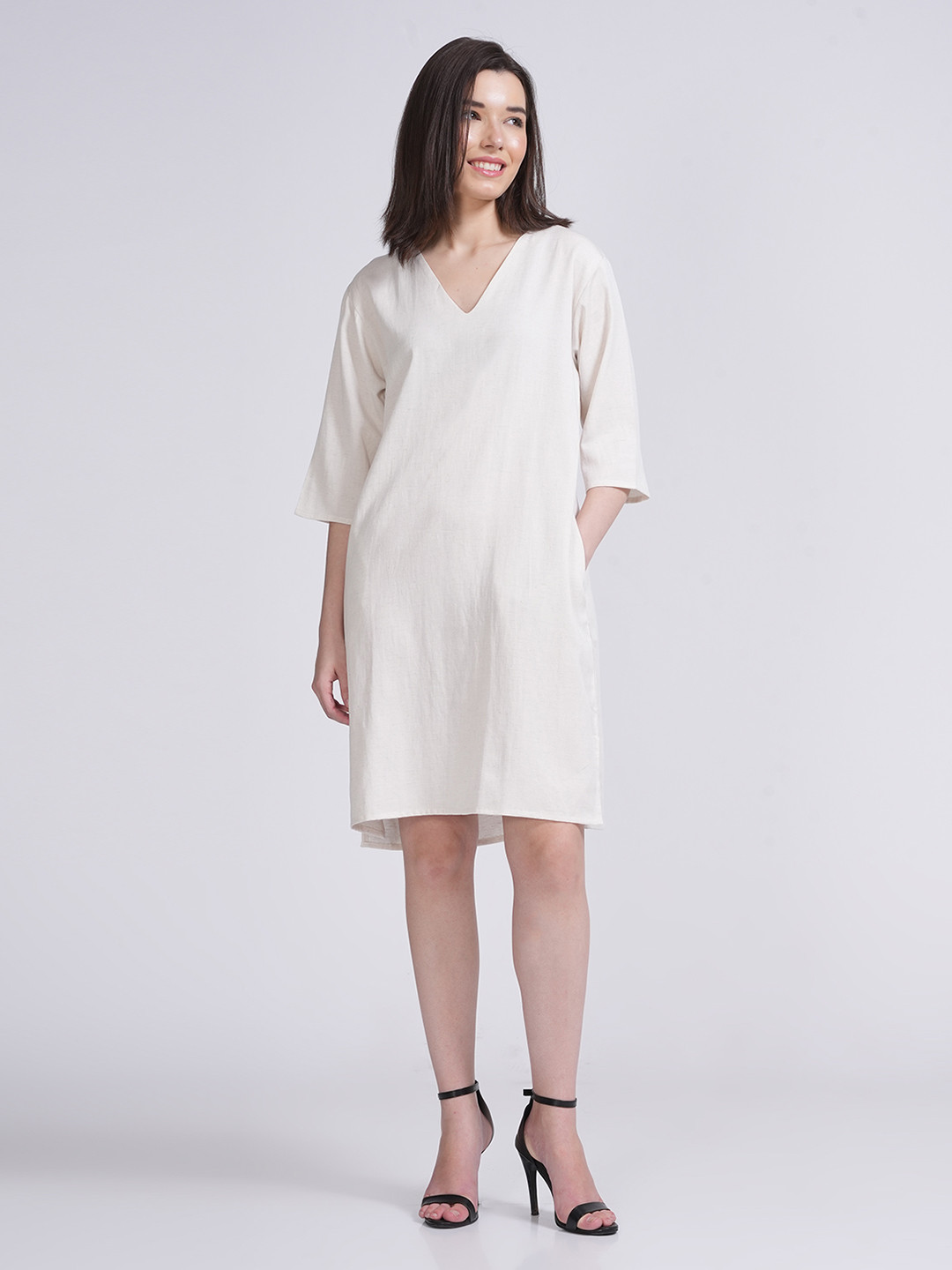 

Saltpetre V-Neck Cotton Above Knee Dress, Cream