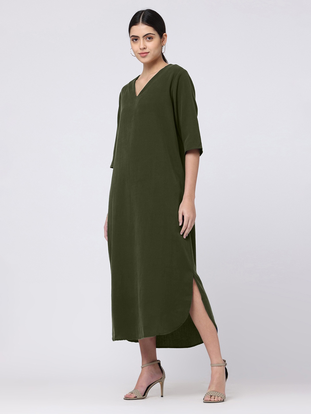 

Saltpetre V-Neck Cotton Maxi A-Line Dress, Olive
