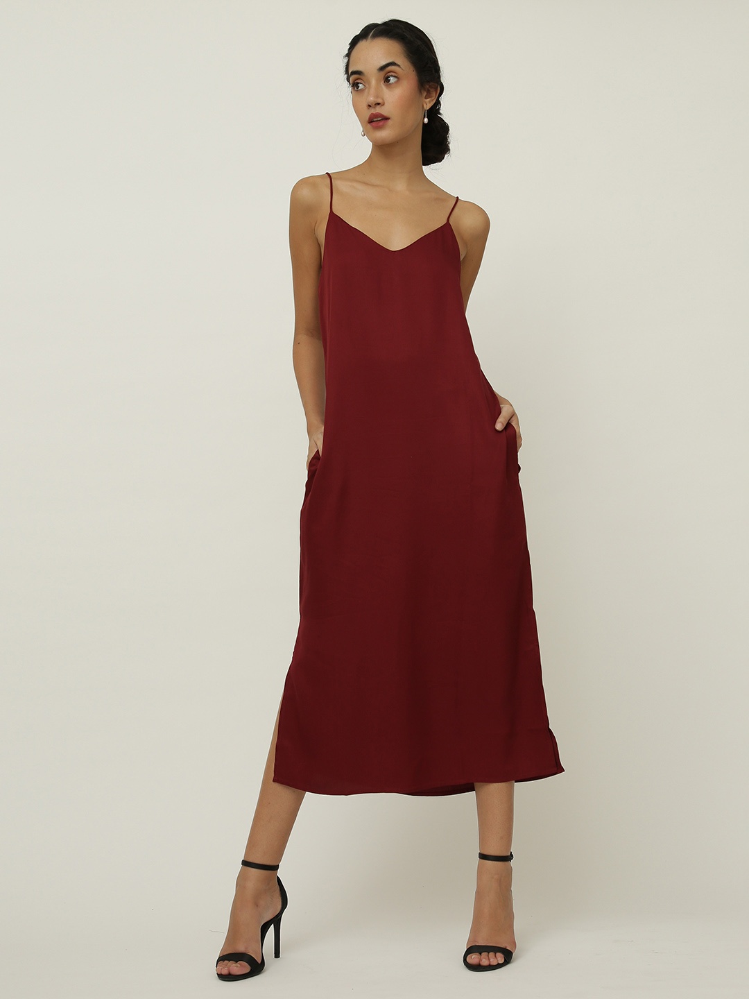 

Saltpetre Maroon Shoulder Straps A-Line Midi Slip Dress
