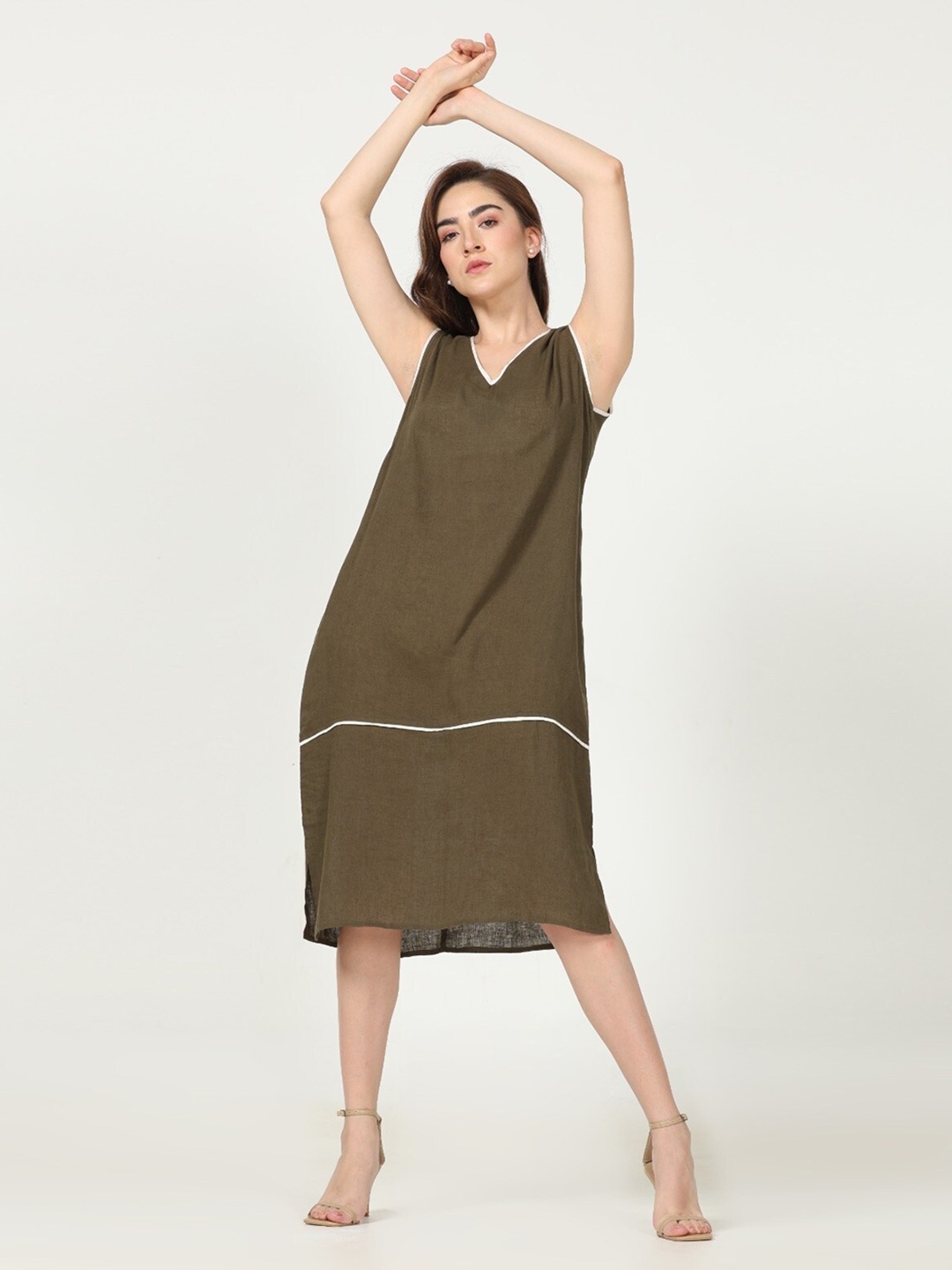 

Saltpetre Olive Green A-Line Midi Sleeveless Piping Shift Dress