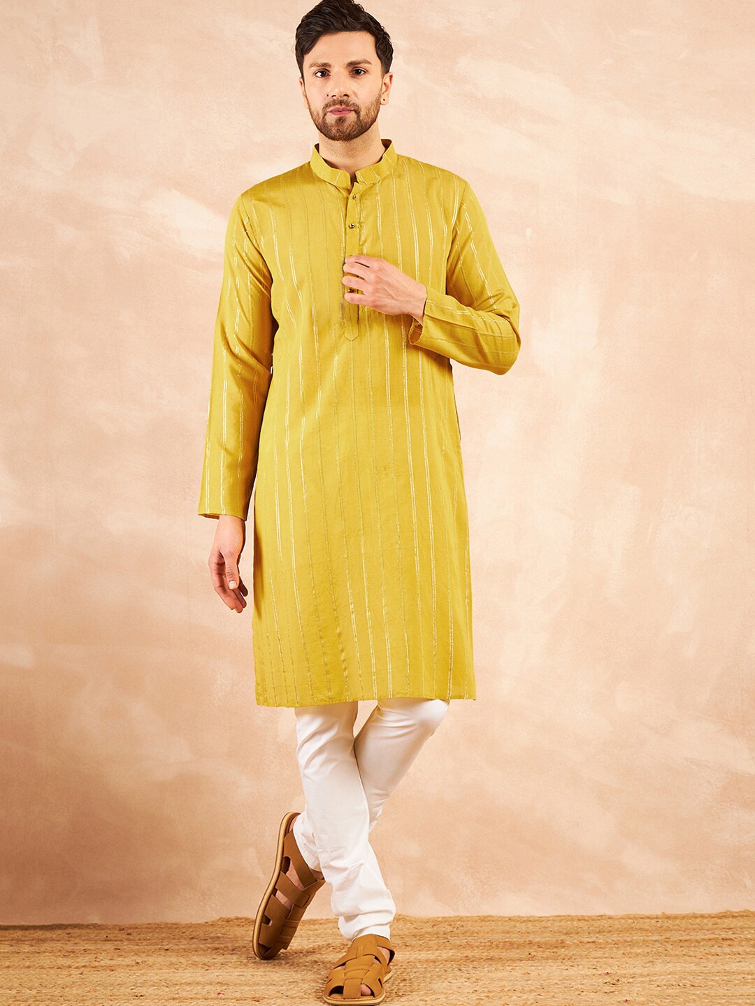 

SWAGG INDIA Woven Design Striped Mandarin Collar Long Sleeves Straight Kurta, Mustard