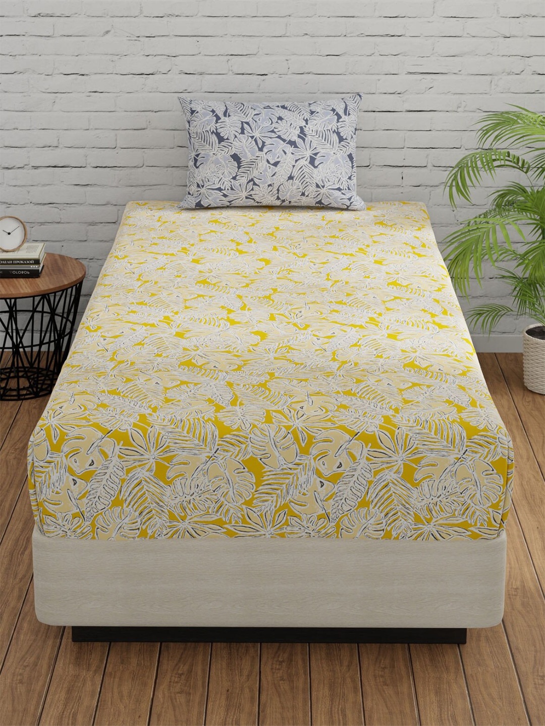 

Huesland White & Yellow 2 Pieces Floral Cotton 144 TC Single Bedsheet with 1 Pillow Covers