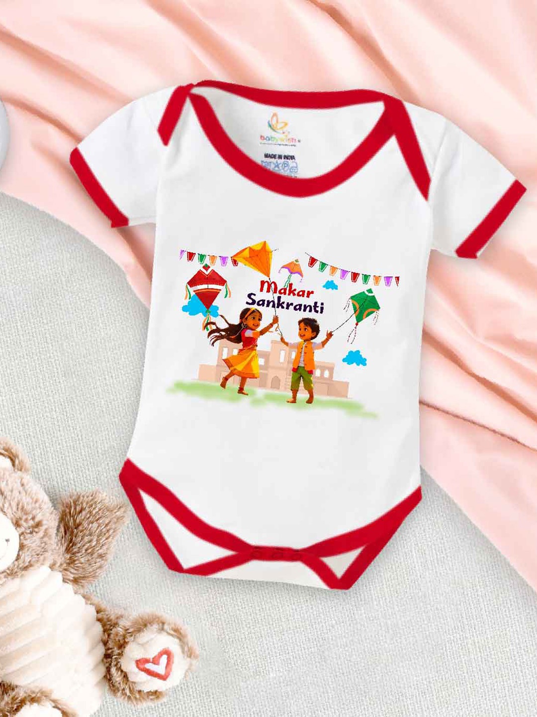 

Babywish Kids Graphic Printed Makar Sankranti Special Cotton Bodysuit, White