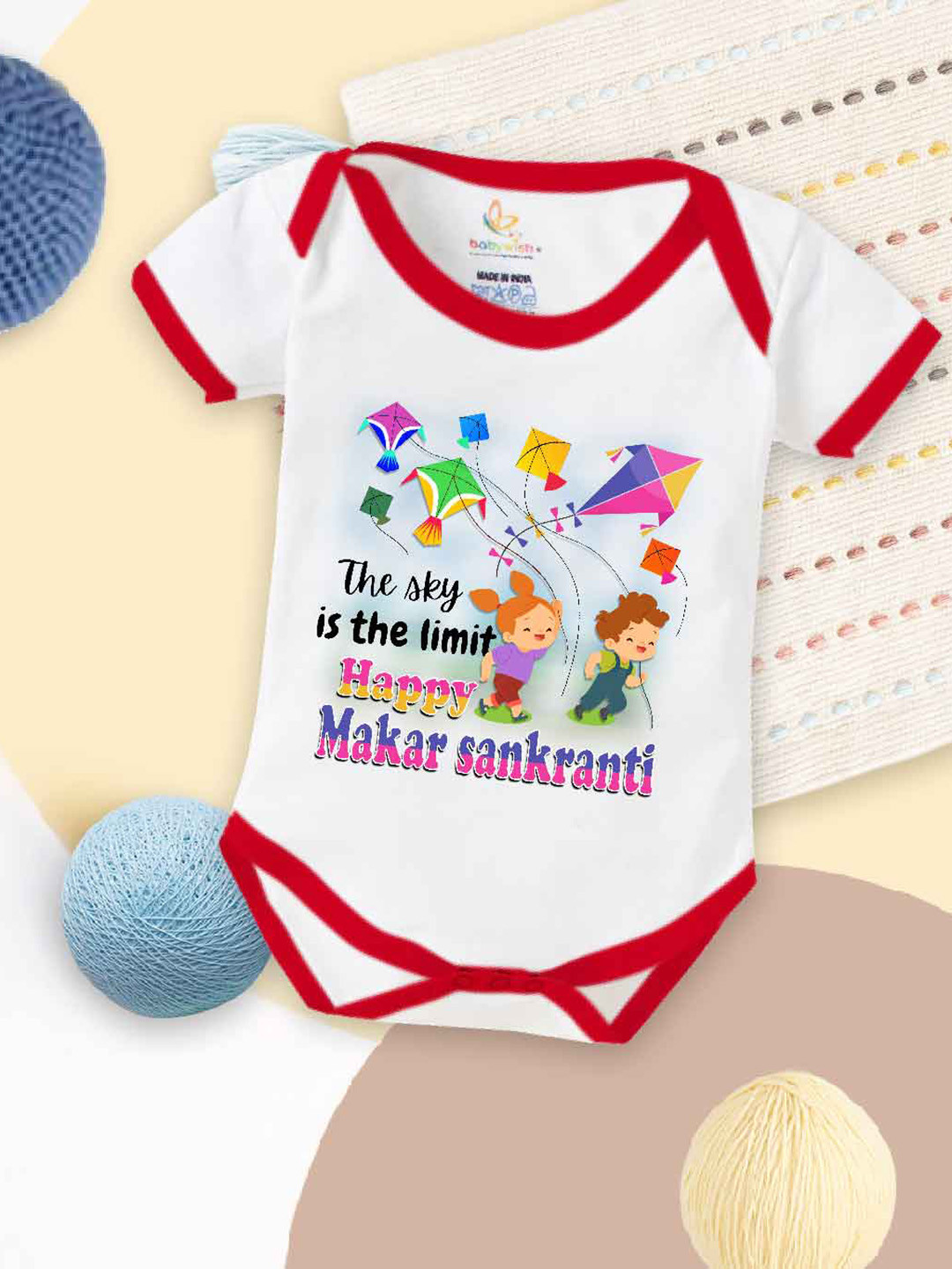 

Babywish Kids Graphic Printed Makar Sankranti Special Cotton Bodysuit, White