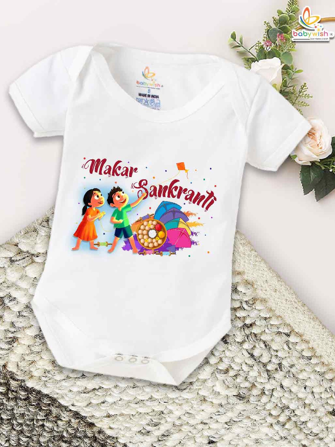 

Babywish Kids Graphic Printed Makar Sankranti Special Cotton Bodysuit, White