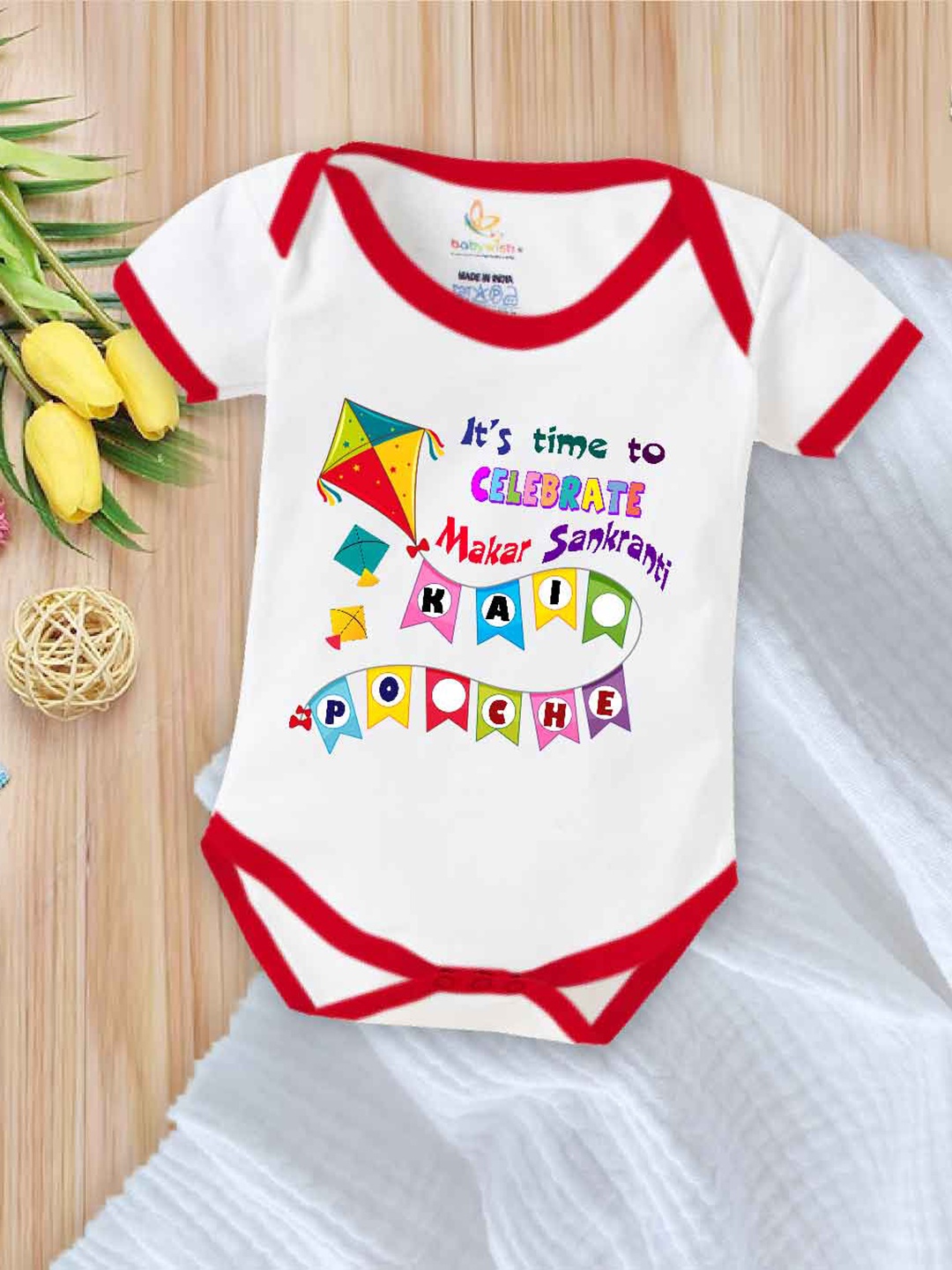 

Babywish Infants Printed Cotton Makar Sankranti Special Bodysuit, White