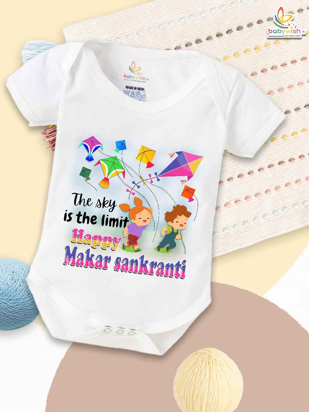 

Babywish Infants Printed Cotton Makar Sankranti Special Bodysuit, White