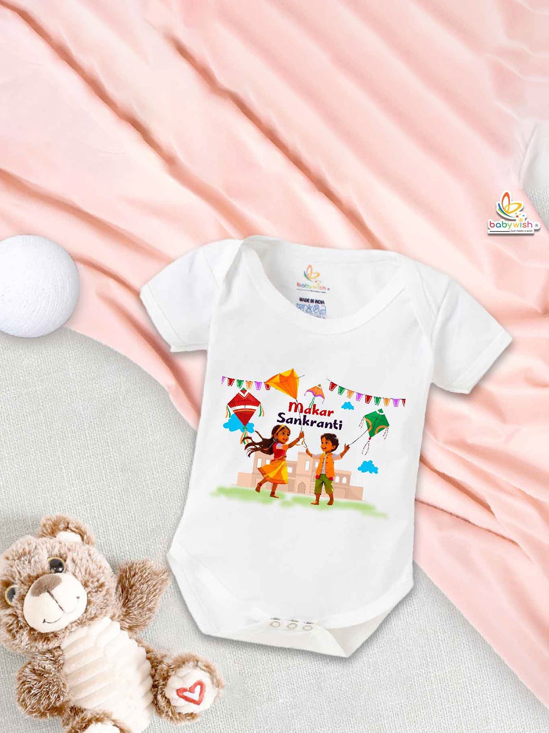 

Babywish Infants Printed Cotton Makar Sankranti Special Bodysuit, White
