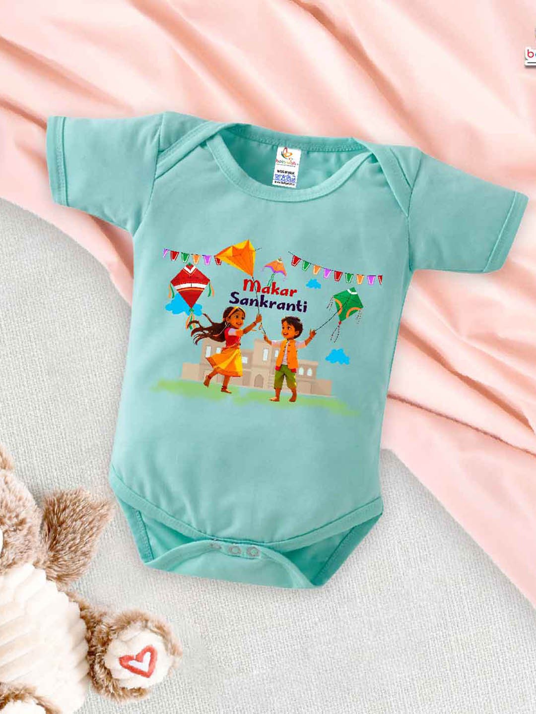 

Babywish Infants Printed Cotton Makar Sankranti Special Bodysuit, Sea green