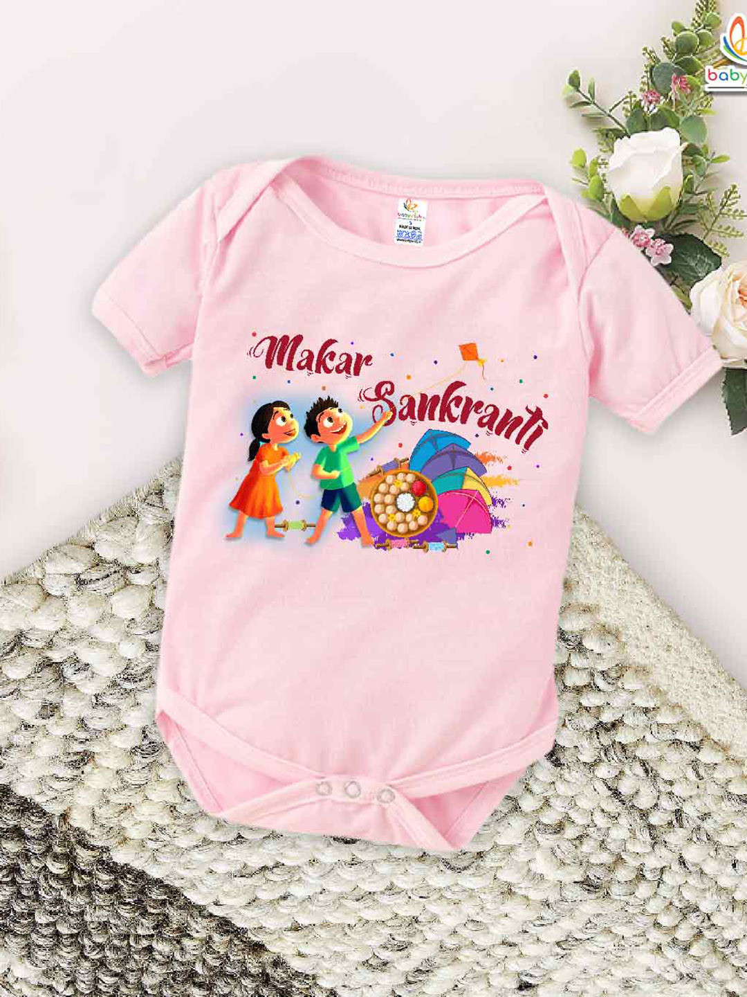 

Babywish Infants Printed Cotton Makar Sankranti Special Bodysuit, Pink