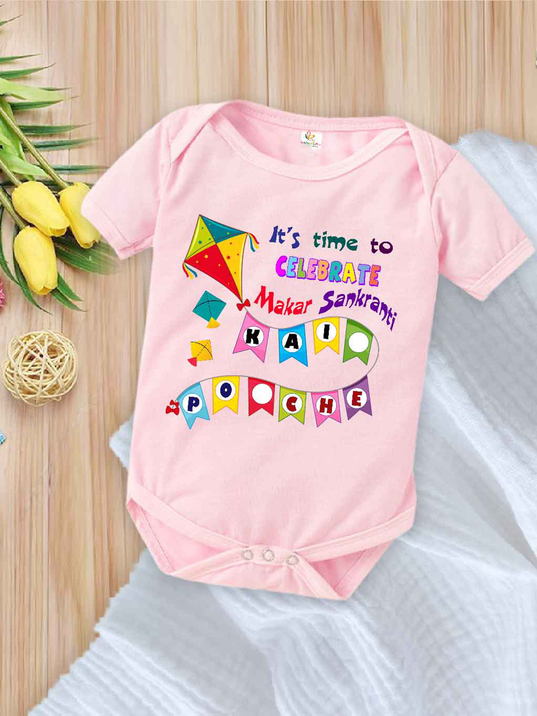 

Babywish Infants Graphic Printed Cotton Makar Sankranti Special Bodysuit, Pink