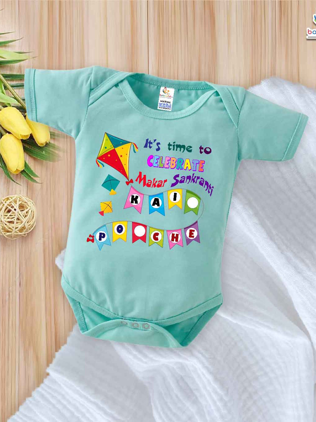 

Babywish Infants Graphic Printed Cotton Makar Sankranti Special Bodysuit, Sea green