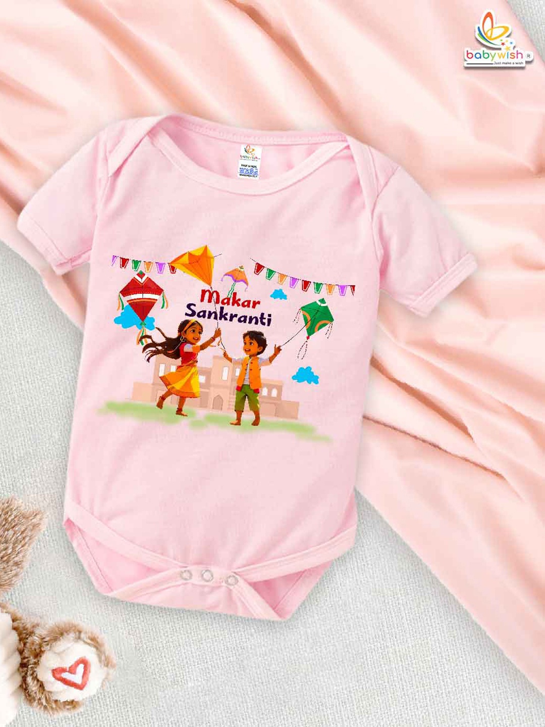 

Babywish Infants Graphic Printed Cotton Makar Sankranti Special Bodysuit, Pink