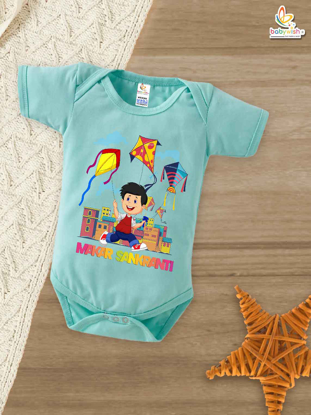 

Babywish Infants Printed Cotton Makar Sankranti Special Bodysuit, Sea green